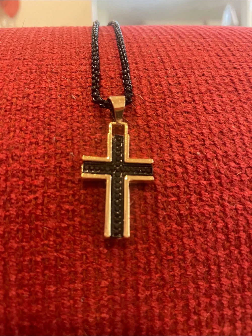 Cross on Round Box Chain. Lynx Stainless Black lon Plating Texture Gold Edge New